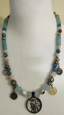 Beaded Hand  Made Necklace Blue & Cream Gears Clockwork Cat Steampunk Cool • $16