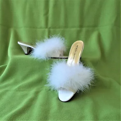 Vintage Jacques Levine Ivory Satin & Marabou Feather Slippers Heels Bridal 7 M • $90