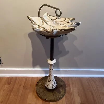 Vintage MCM Pedestal Stand Ashtray White/Gold Ceramic Leaf Smoking Stand • $55.99