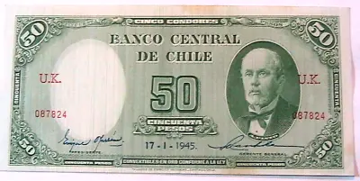 1945 Chile 50 Peso Ch AU+  17-I-1945 Chilean Currency Banknote Paper Money P-104 • $209