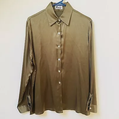 A'nue Ligne 100% Silk Flowy Blouse Top Green Women's M Mother Of Pearl Buttons • $29.99