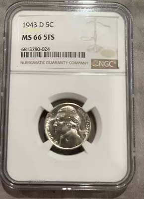 1943-D Jefferson Silver War Nickel ~ NGC MS66 5FS ~ FULL STEPS FS GEM BU • $34.50