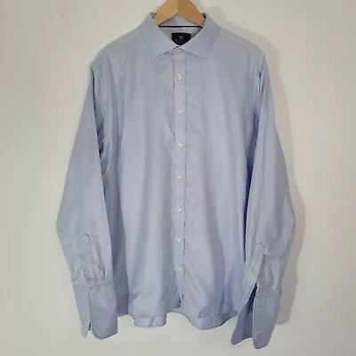 Mens M&S Dress Shirt Blue Houndstooth Cutaway LUXURY Cotton French Cuff Neck 18 • £17.90