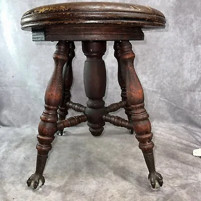 $139 • Buy Antique Oak Wood Metal Eagle Claw Glass Ball Footed Piano Organ Stool 17x14x14