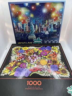 Lot Of 2 1000 Buffalo Puzzles - Posy Patch Night & Day Manhattan Celebration • $19