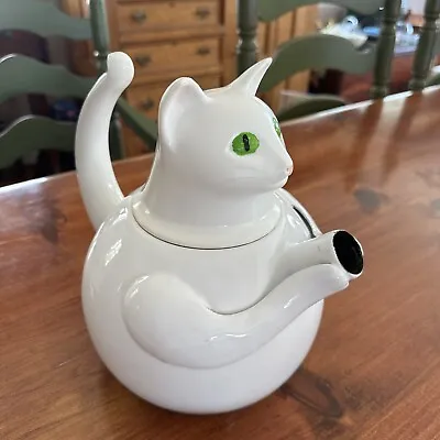 Vintage Stove Top Teapot Enamel White Cat With Gray Mouse See Photos • $28
