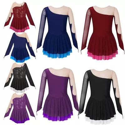 Kids Girls Ballet Dance Tight Dress Figure Ice Skating Long Sleeves Dancewear • £18.57