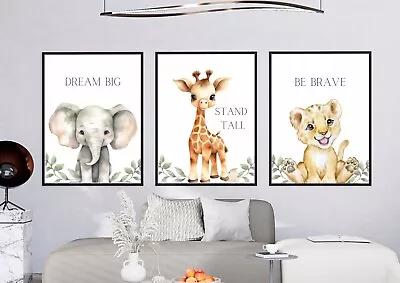 Baby Safari Wall Pictures Jungle Wall Posters Baby Boy Nursery Decor Set Of 3 • £18