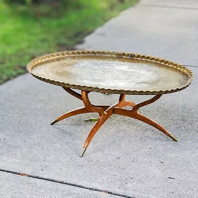 1960s Moroccan Teak And Hammered Etched Brass Oval Tray Spider Leg Coffee Table • $1200