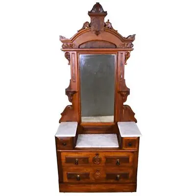 Antique Victorian Marble Top Burl Walnut Drop Center Dresser #21769 • $875