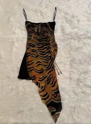 Vivienne Tam New Tiger Rug Print Dress Mesh Silk 90s Vtg Asymmetrical Size 1 • $1998