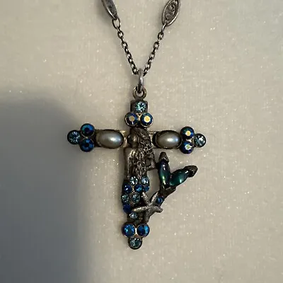 Mary Demarco Mermaid Cross Necklace Blue Stones 20”-22” Chain 1.5” Pendant • $25