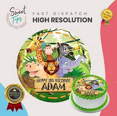 Jungle Safari Animals Round Edible Birthday Cake Topper Decoration Personalised • £6.49