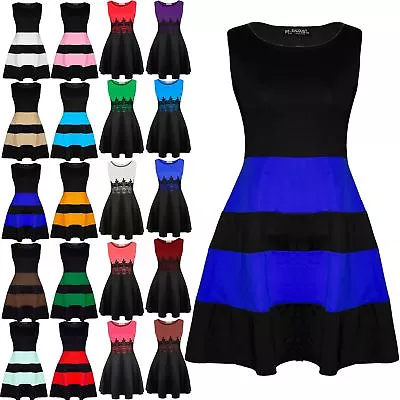 Womens Skater Dress Ladies Block Stripe Panel Sleeveless Flared Franki Plus Size • $11.36