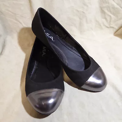 🩰 MIA Classic Ballet Flats Sz 9.5 M Black Suede Leatherette; Silver Cap Toe • $16.99