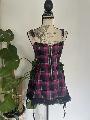 Y2k 2000s Emo Screen Queen Goth Kid Plaid Tartan Lace Corset Mini Dress S Widow • $100