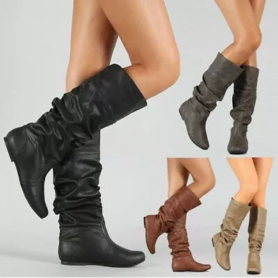 Mid Ladies Women Calf Slouch Boots Winter Wide Leg Stretch Flat Shoes Riding • $30.60
