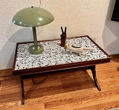 RETRO 1950’s Mosaic Tile & Wood Coffee Table Black & Gold Tiles Vintage 33.5” L • $249.50