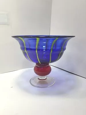 VTG Murano Style Art Glass Hand Blown Pedestal Bowl Blue - Yellow - Red 7  Tall  • $69.99