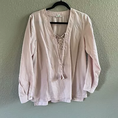 J. Jill Tunic Blouse Womens Small Pink Lace Up Tassel  Tencel Oversized • $19.95