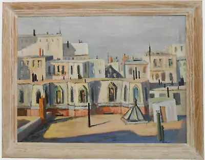 EARLY 20TH C UNSGND O/B CITYSCAPE Of ROOFTOPS W/SKYLIGHTS MANNER Of MAX BECKMAN • $5687.50