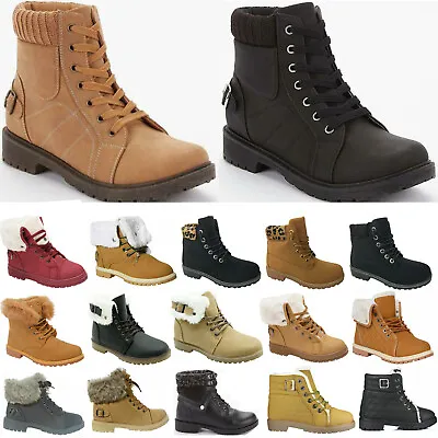 £18.90 • Buy Ladies Womens Army Combat Flat Grip Sole Fur Lined Winter Ankle Boots Shoes Size