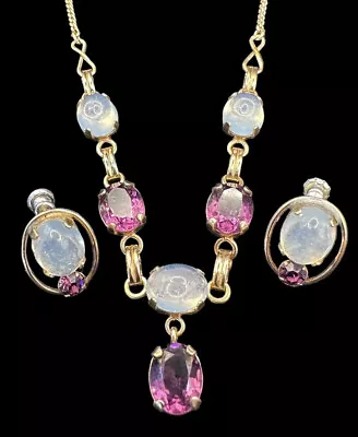 Vtg VAN DELL 12k Gold Filled Moonstone Cabochon & Amethyst Necklace & Earrings • $129.50