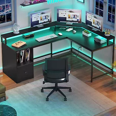 LED L Shaped Desk 67 Inch Corner Computer Desk With Power Outlets & File Drawer • $139.99