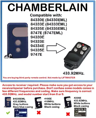 CHAMBERLAIN 84330E 84333E 84335E 8747E Compatible Remote Control 433.92MHz. • £9.99