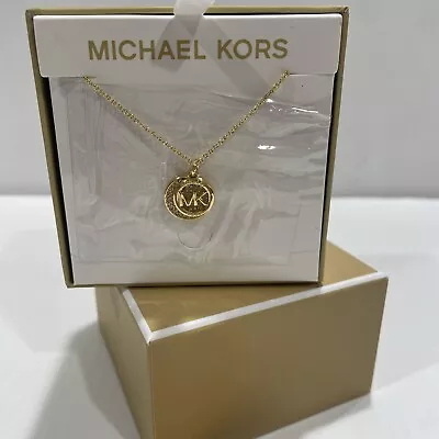 $135 NEW MICHAEL KORS Gold Tone Pave MK Logo Pendent Necklace MKJ8009710 • $55