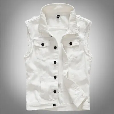 Men’S Casual Denim Vest Jean Waistcoat Sleeveless Vintage Casual Ripped Jacket • $24.99