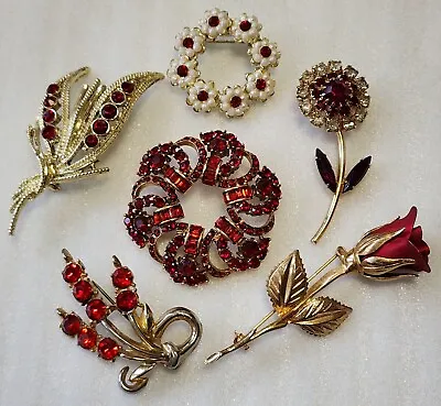 Vintage Lot Of 6 Reds Brooches Faux Pearl Flowers Wreath Tone B-125 • $25