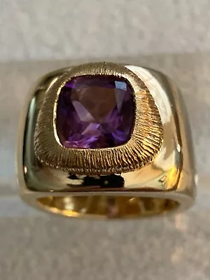 .925 And Gold Plated Cushion Cut 10 Mm Amethyst Men's Ring Size 10 • $99.99