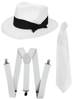 Jacko Set White Trilby Braces And Tie King Of Pop Costume Gangster Fancy Dress • £10.99