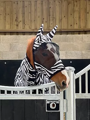 Zebra Print Padded Mesh Fly Mask Hood With Ears Horse And Pony Sizes • £8.99