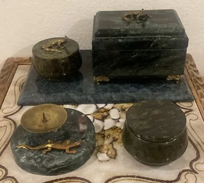 Set Of 5 Ural Malachite/Green Marble Serpentine Jewelry Boxes Candle Stick Stand • $250