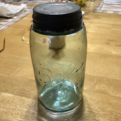 Vintage Aqua Ball Mason Quart Jar Canning Triple L Zink Lid Marked 58 On Bottom • $10