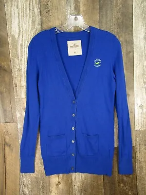 $11.36 • Buy Hollister Sweater Women Medium Blue Blend Knit Long Cardigan Button V-Neck Logo
