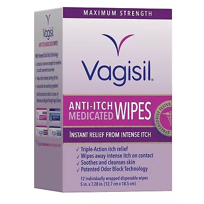 $15.74 • Buy Vagisil, Anti-Itch Medicated Wipes, Maximum Strength For Instant Relief, 12 Ct