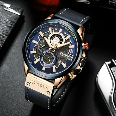 $25.10 • Buy Mens Military Watch Chronograph Leather Quartz Wristwatch Relojes De Hombre