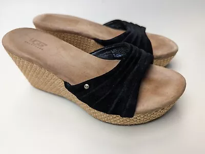 Ugg Alvina Wedge Sandals Slides Black Leather Suede Womens Shoes Size 6 • $24.99