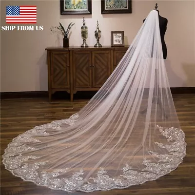 10Ft Long White Wedding Bridal Veils With Embroidery Lace Edge Bride Supplies US • $9.26