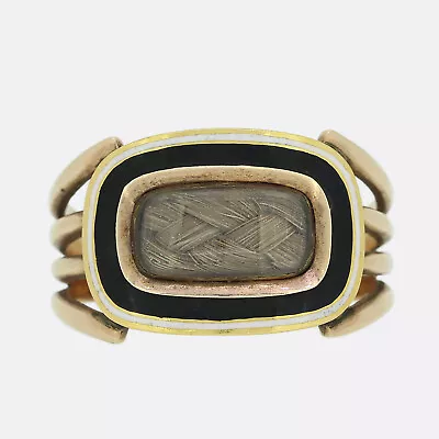 Antique Gold Ring- Georgian 1800s Hair Locket Black Enamel Mourning Ring 15ct • £1375