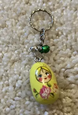 Matryoshka Babushka Wooden Russian Doll Keychain Tiny Metal Bells Hand Painted • $5.49