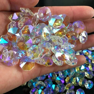 100x 14MM AB Aurora Octagonal Beads Crystal Chandelier Suncatcher Pendants Craft • £7.19