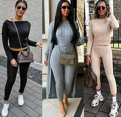 Women's Ladies Chunky Cable Knitted Co Ord Top Legging Loungewear Tracksuit Set • £16.90