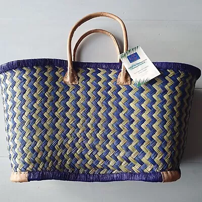 Le Comptoir De La Plage Madagascar Woven Raffia Blue/Purple/Green Basket Bag M • £24.99