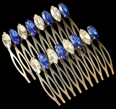VTG Rhinestone Hair Combs Pair Of Large Blue & Clear Slide Combs FREE SHIP JCS • $19.99