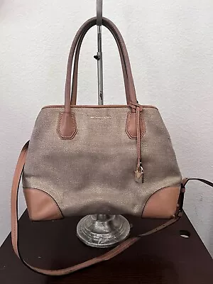 Michael Kors Camel Tan Leather Gold Canvas AC-1809 H1B Satchel Bag Purse  • $19.99