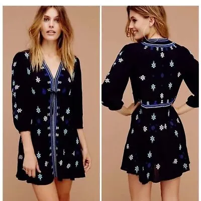 Free People Star Gazer Embroidered V-Neck Mini Dress Black Blue S • $30.60